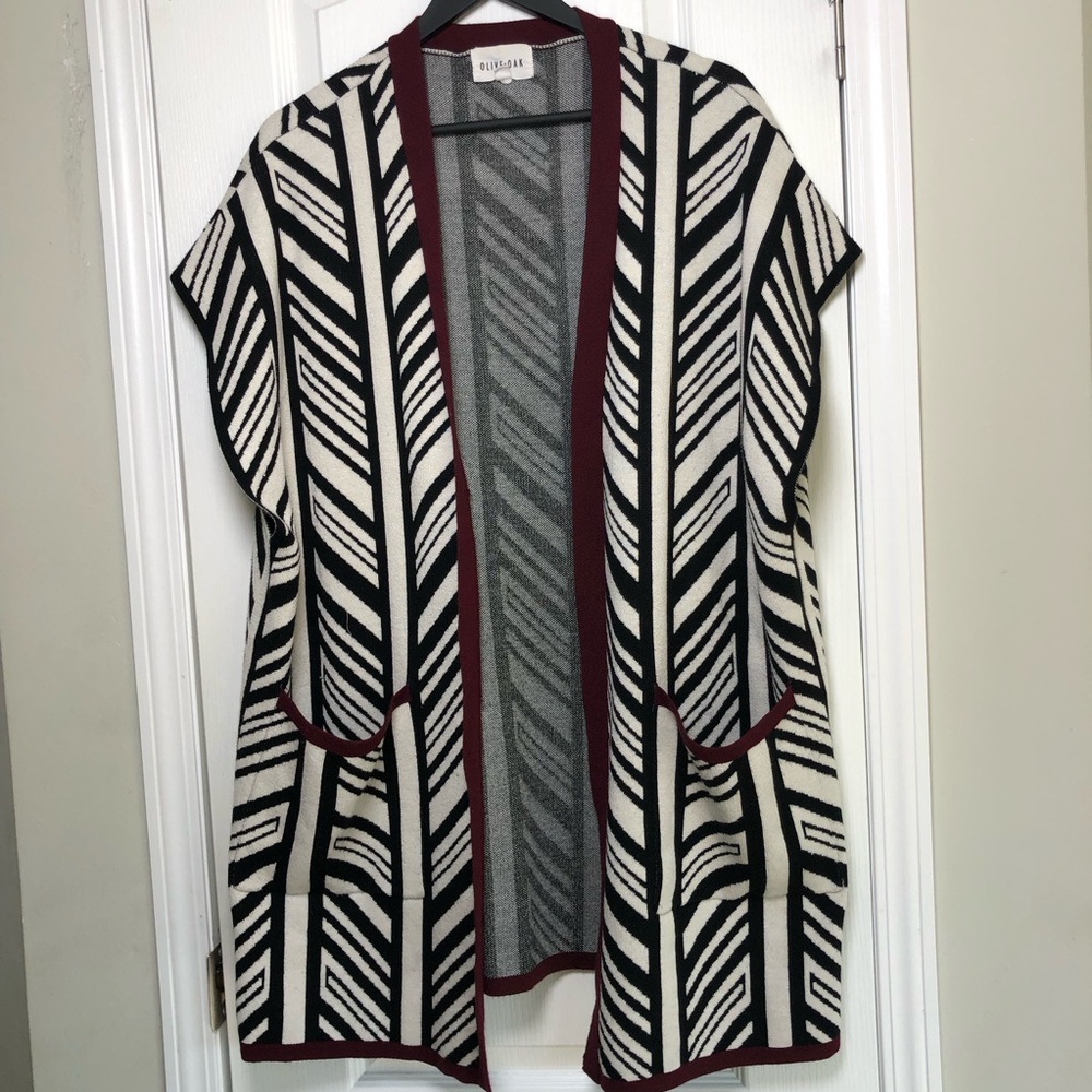 Olive + Oak Open Front Long Cardigan L Pockets Sleeveless Lagenlook Art To Wear